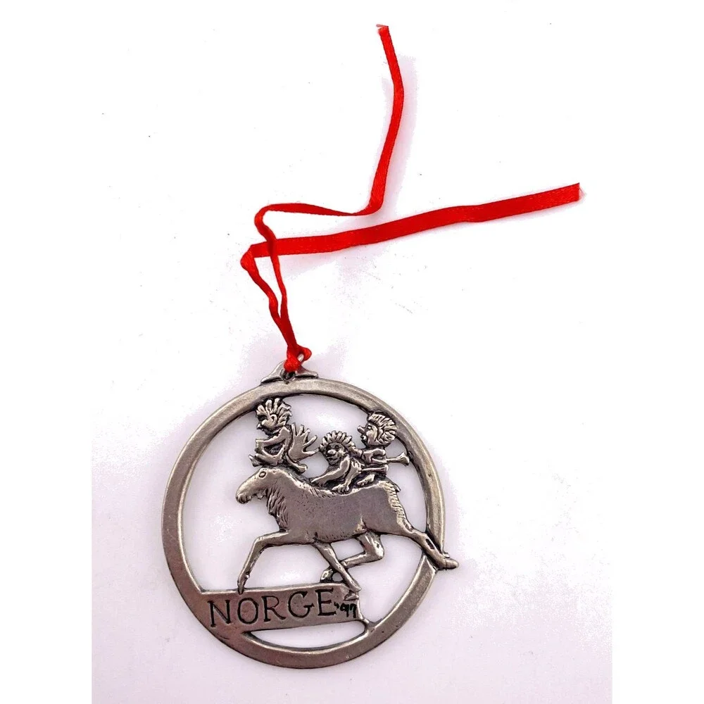 Vtg '97 Norge Havstad Signed Pewter Ornament Norway Moose Troll Christmas Holida